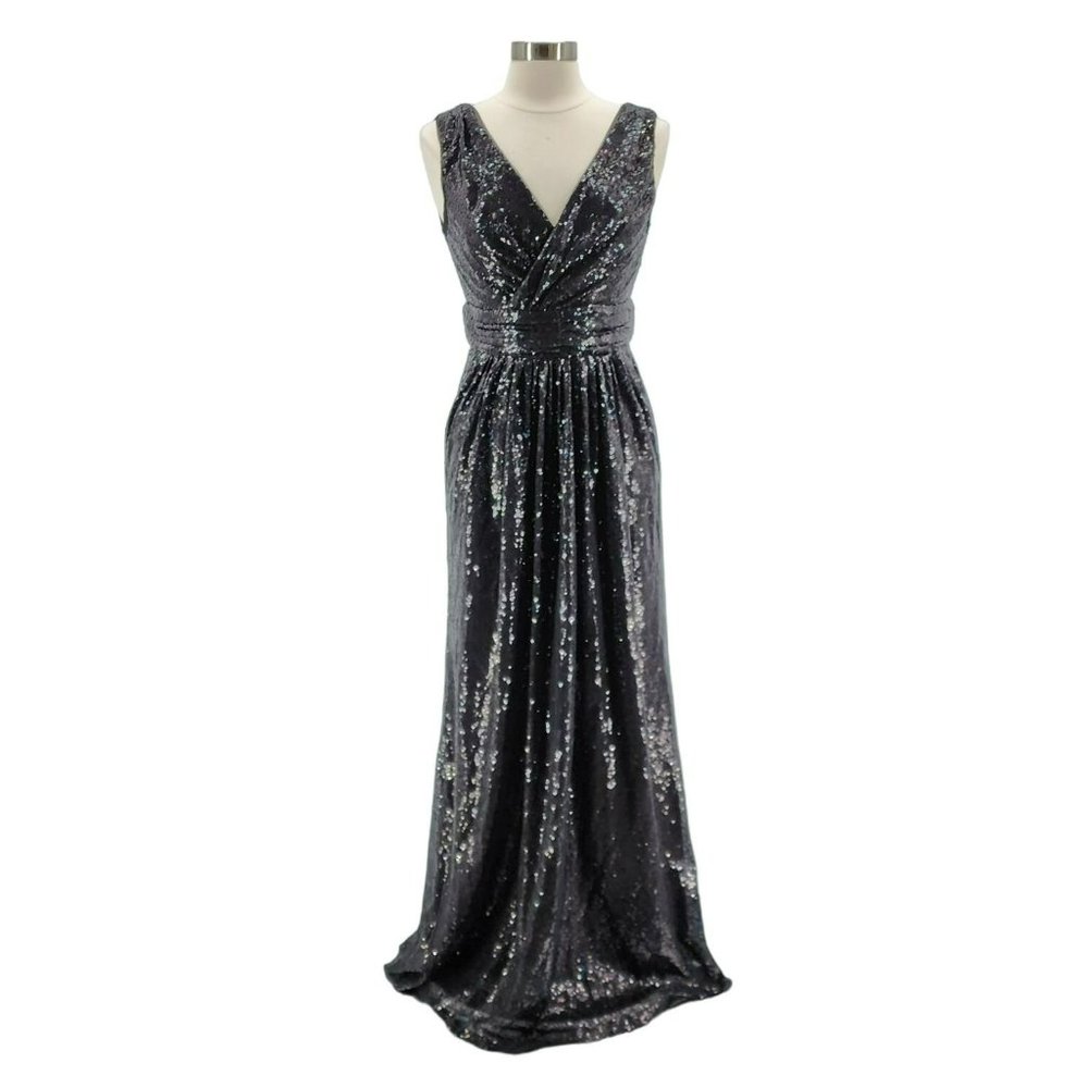 NWT Kate Kasin Sequin Long Sleeveless V-neck Black Maxi Dress Evening Gown Sz 8
